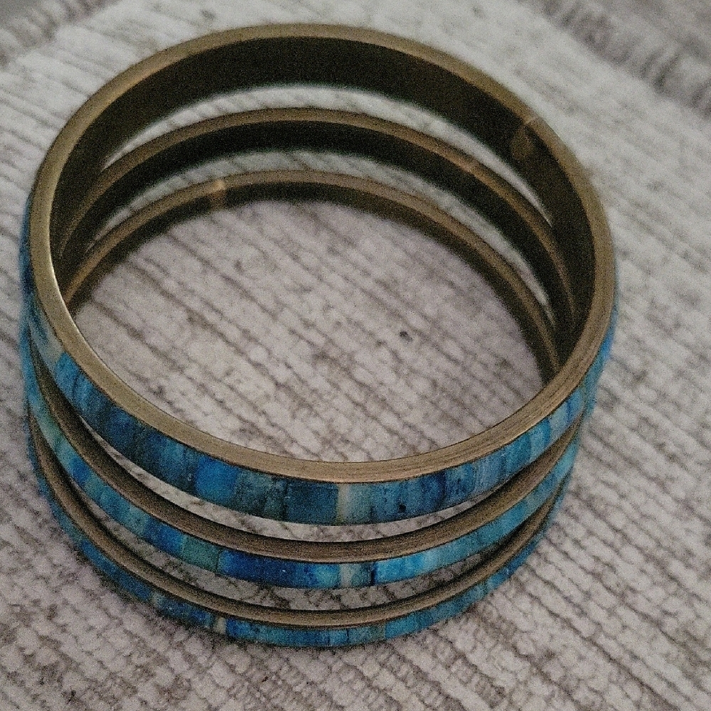 Vintage Boho Brass Inlay Tealwood Blue Bangle Bracelet Set of 3 - Picture 1 of 10